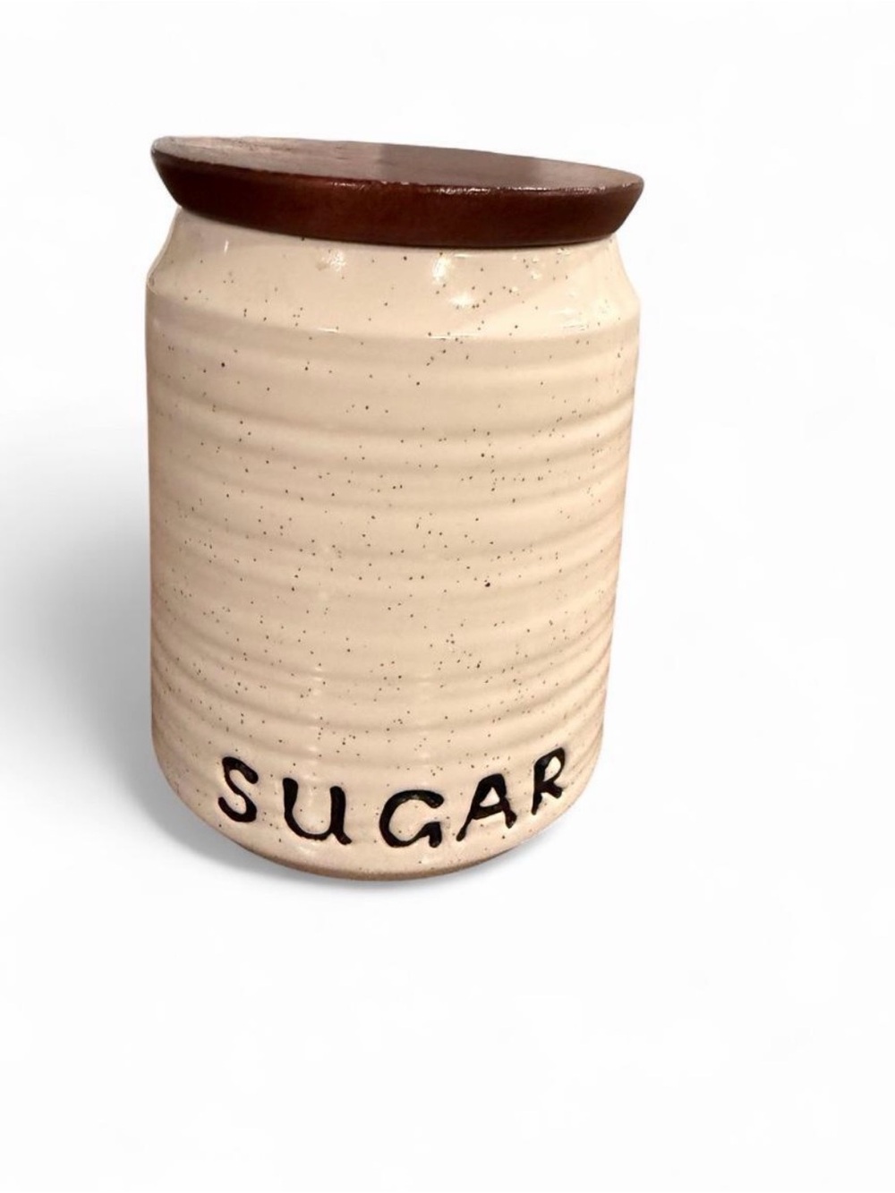 Cream Ceramic Sugar Canister with Brown Lid - Rustic Kitchen Storage